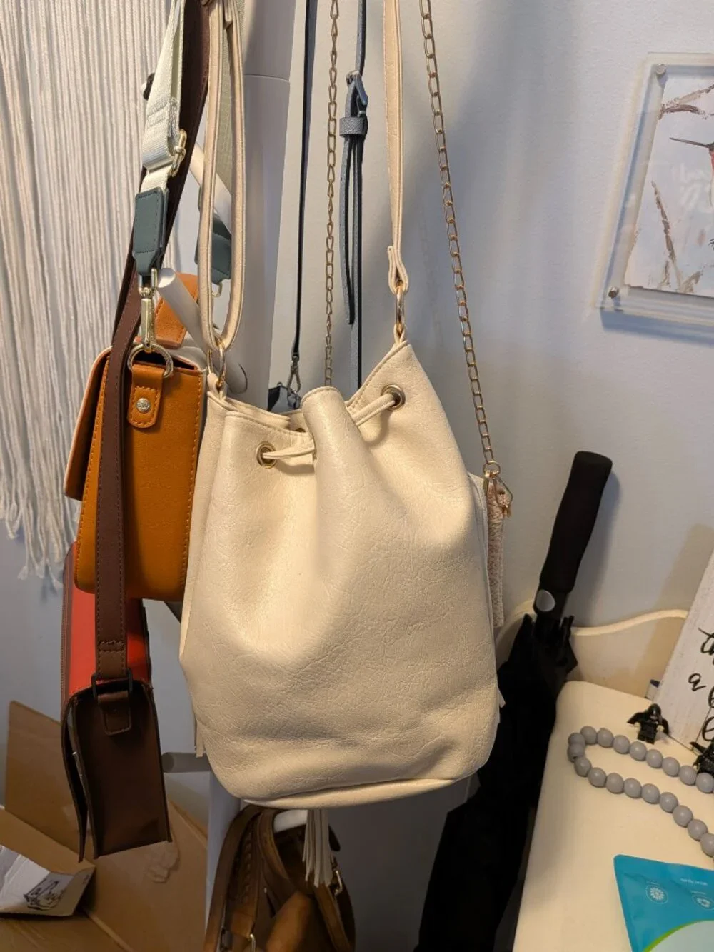 White Fringe Bucket Bag Boho Western Festival Crossbody Purse
